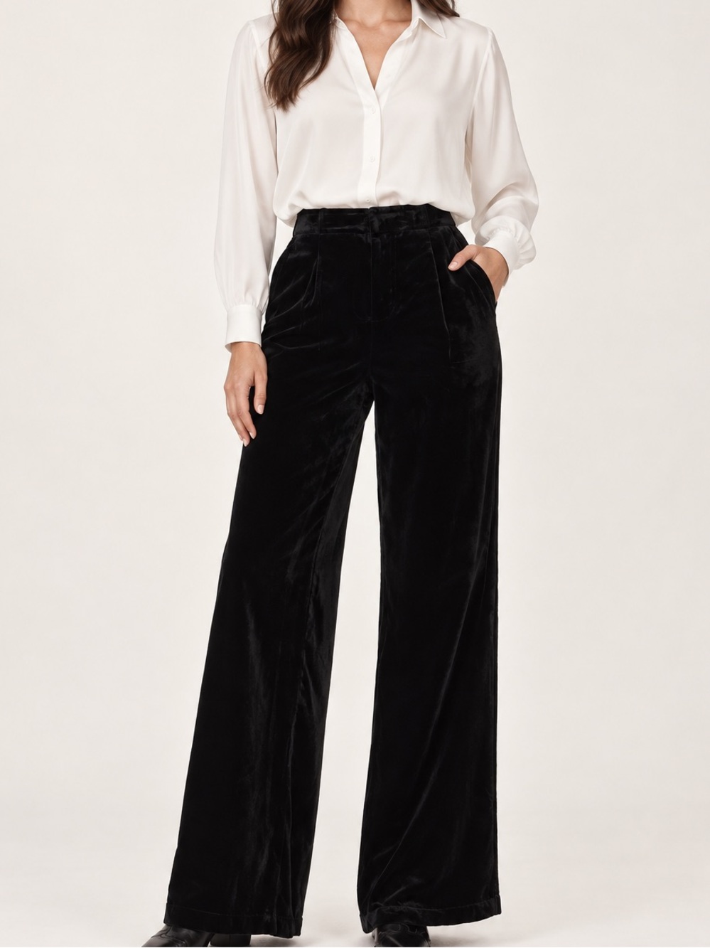 Anthropologie Black Velvet Wide-Leg Pants Size Small | High-Rise Dress Trousers